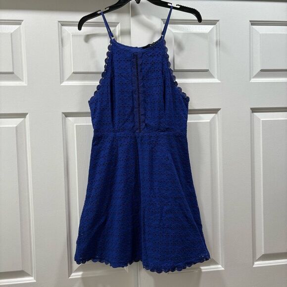 Lulus Let Your Heart Go Cobalt Blue Eyelet A-Line Mini Dress Size M - Picture 5 of 14